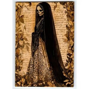 Vintage Halloween Skeleton Lady Postcard 5.5x4 Unused Photochrome
